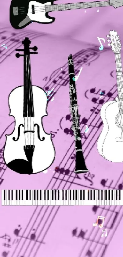 Musical instruments over sheet music with a pink background.