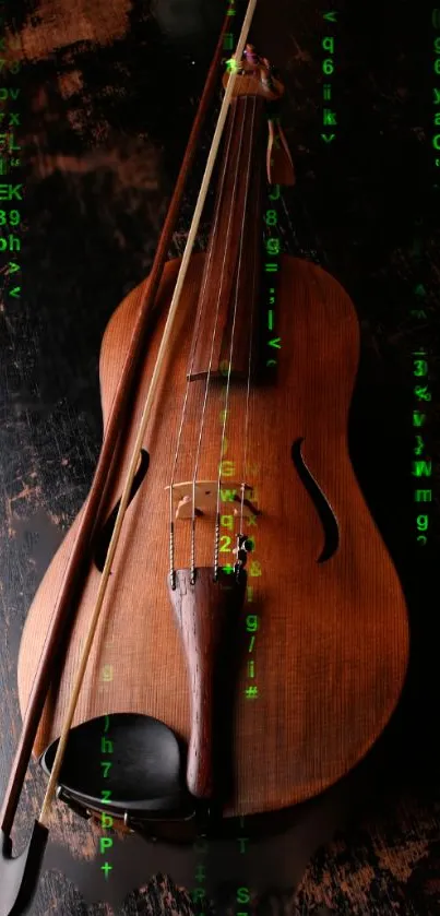 Wooden violin on a matrix code background wallpaper.