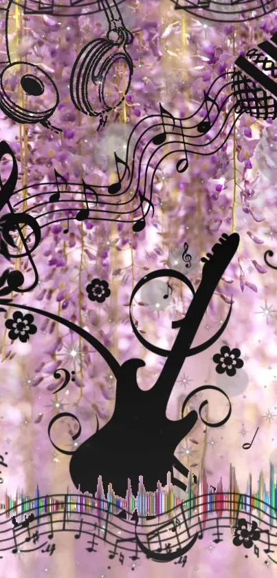 Musical themed mobile wallpaper with guitar, microphone, and purple tones.