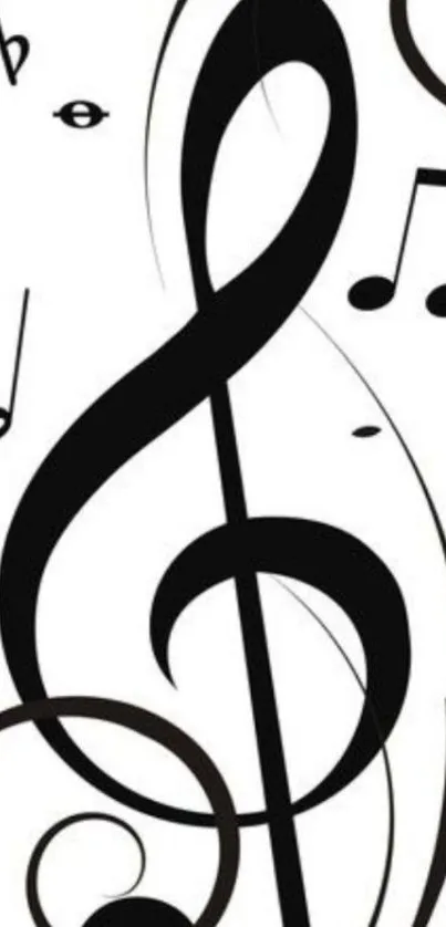 Elegant black and white music-themed wallpaper with treble clef and notes.