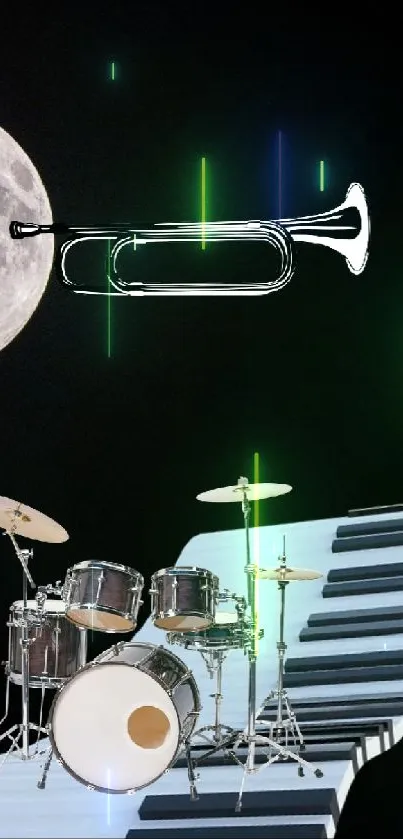 Surreal wallpaper with moon, trumpet, drums, and piano keys.