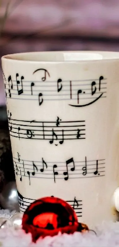 Musical mug amidst snow and ornaments for holiday wallpaper.