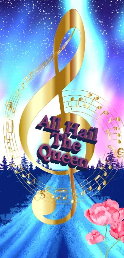 Golden musical note on cosmic blue background with trees and stars.