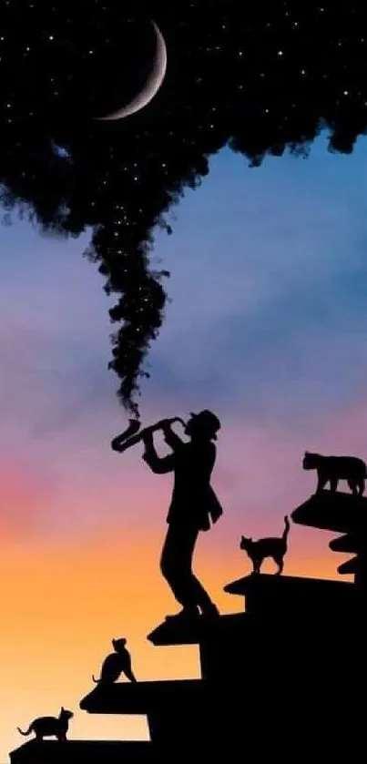 Silhouette of musician and cats under a colorful night sky with scattered stars.