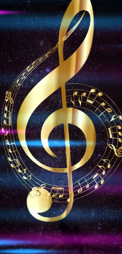 Golden musical note on starry galaxy background wallpaper.