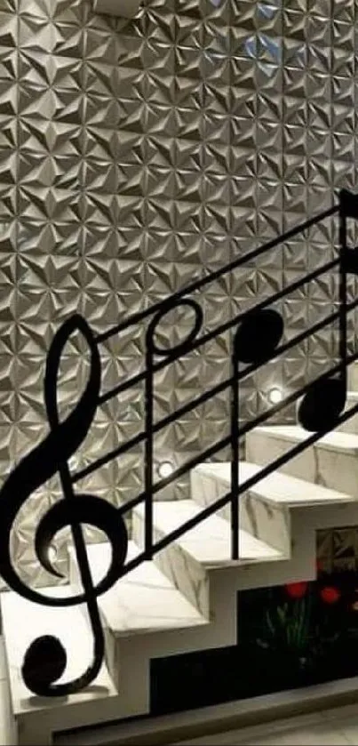 Modern staircase with musical notes and 3D patterned wall.