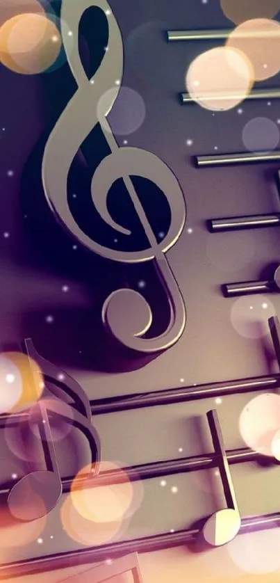 Stylish phone wallpaper with metallic music notes and bokeh.