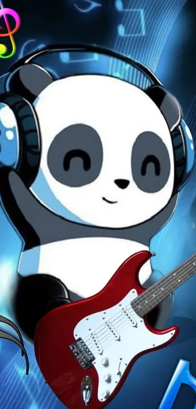 Cute panda with headphones and guitar on a blue musical backdrop.