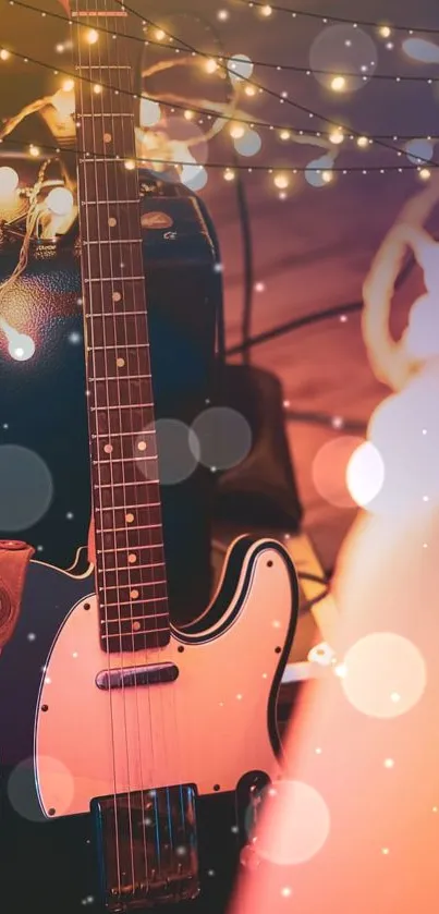 Guitar and fairy lights creative wallpaper for mobile.