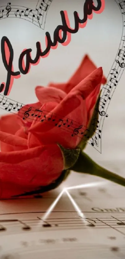 Red rose with musical heart on sheet music wallpaper.