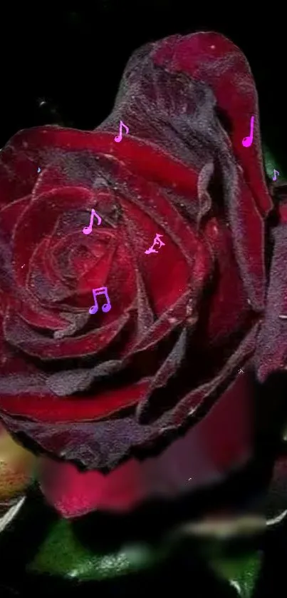 Deep red rose with musical notes on a black background.