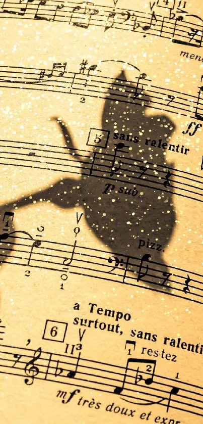 Angelic shadow over a vintage musical score wallpaper.
