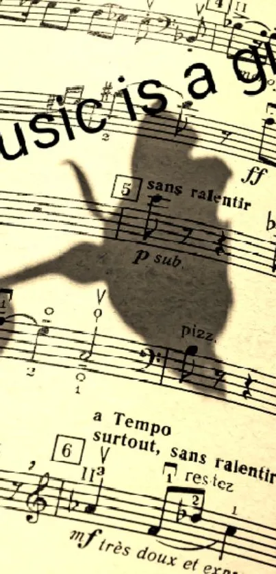 Artistic wallpaper featuring sheet music and creative shadows.