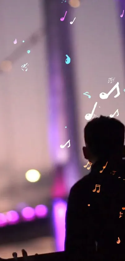 Silhouette of person with musical notes and city lights.