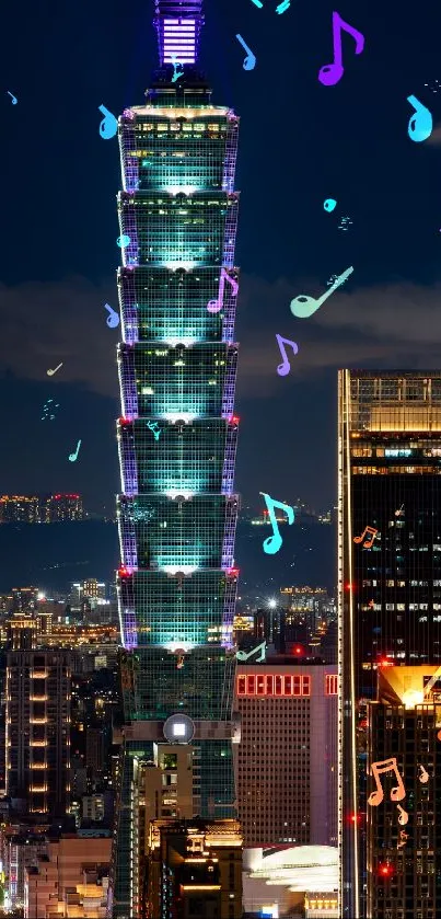 Taipei 101 with vibrant musical notes at night.