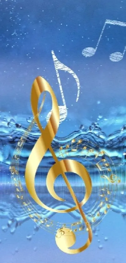 Blue wallpaper with golden music note and water splash.