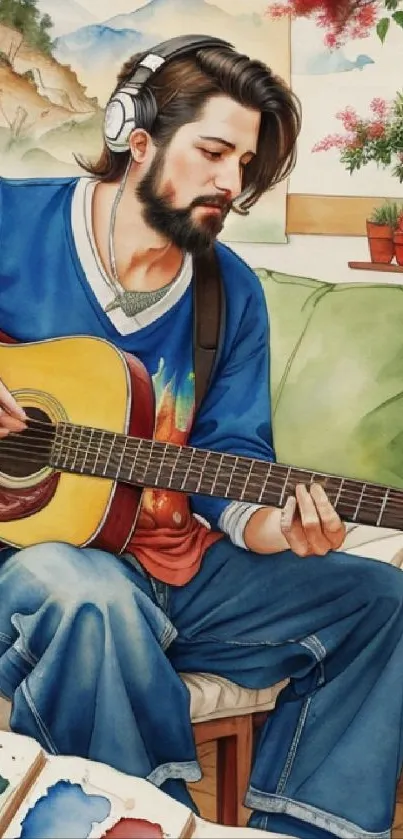 Man playing guitar with headphones in artistic room.