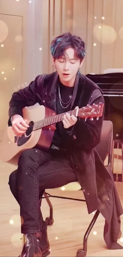 Musician playing acoustic guitar in music room.