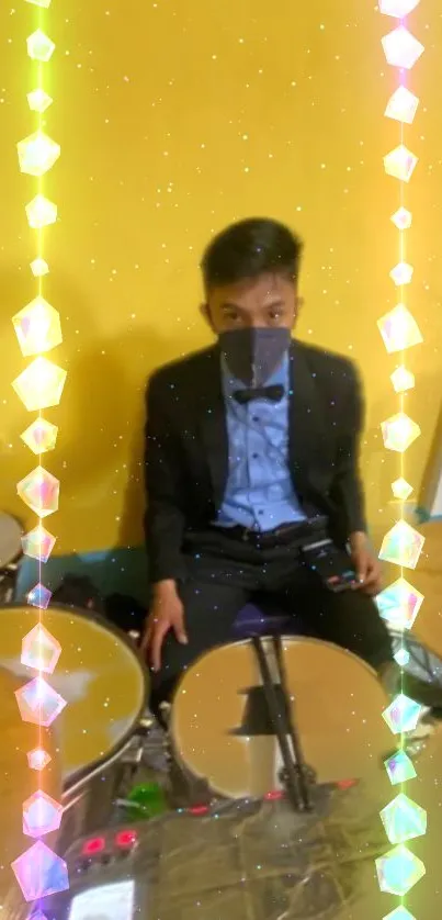 Masked musician with drums and colorful geometric lights.