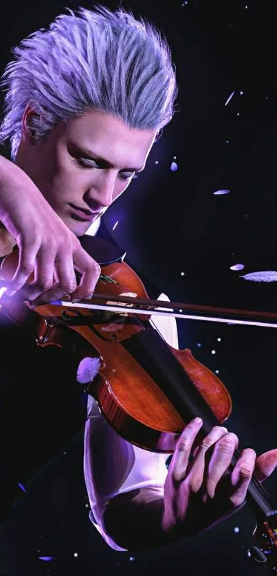 White-haired musician playing violin with floating petals.