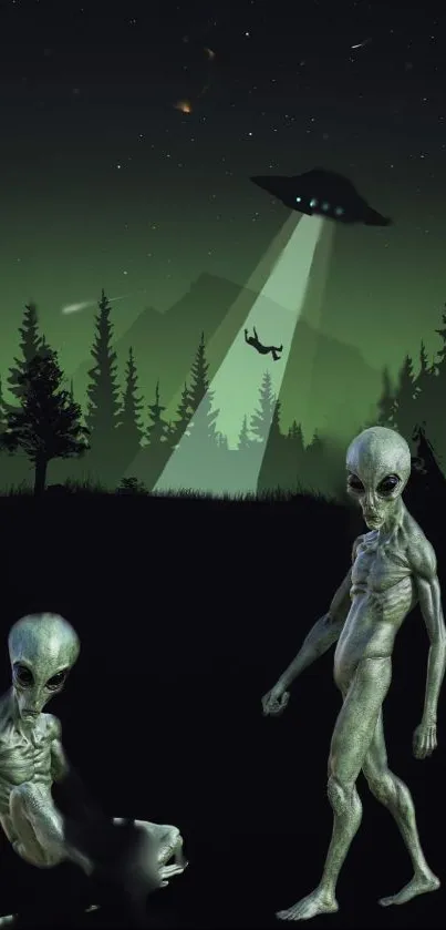 Dark, mysterious alien and spaceship wallpaper with forest background.