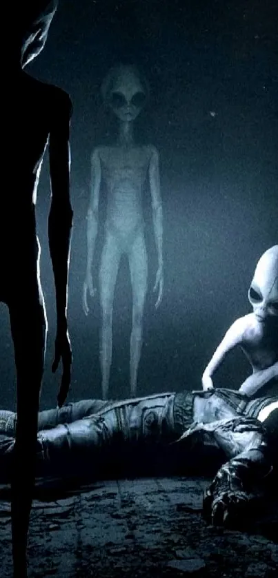 Aliens surround a figure on a dark floor, creating a mysterious sci-fi scene.