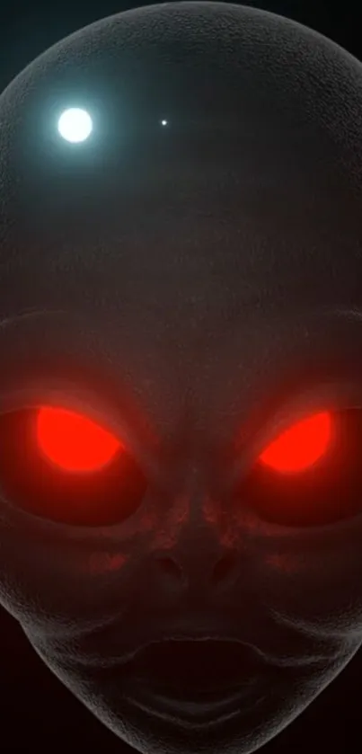 Alien face with glowing red eyes on a dark background.