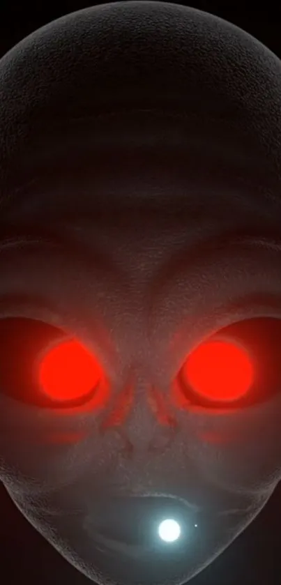 Alien head with red glowing eyes on dark background.