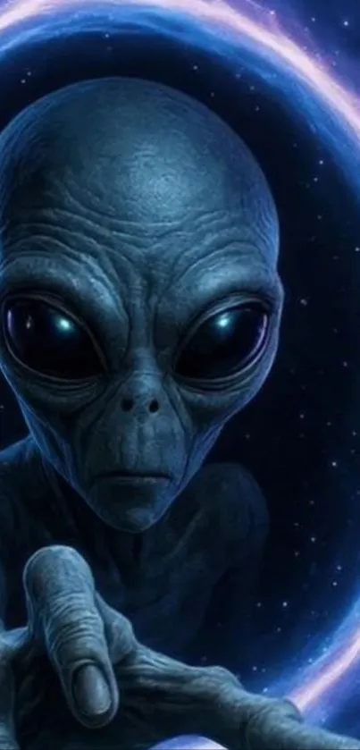 Alien reaching through a glowing portal in space.