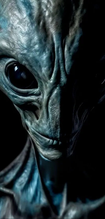 Mysterious alien portrait with dark tones and striking extraterrestrial features.