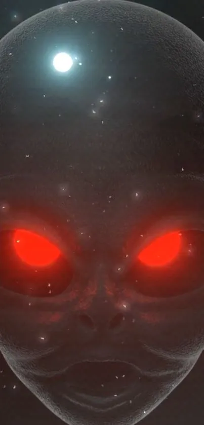 Alien face with red glowing eyes in a cosmic background.