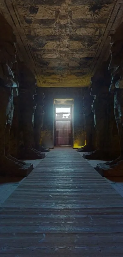 Ancient corridor with statues and a glowing doorway.