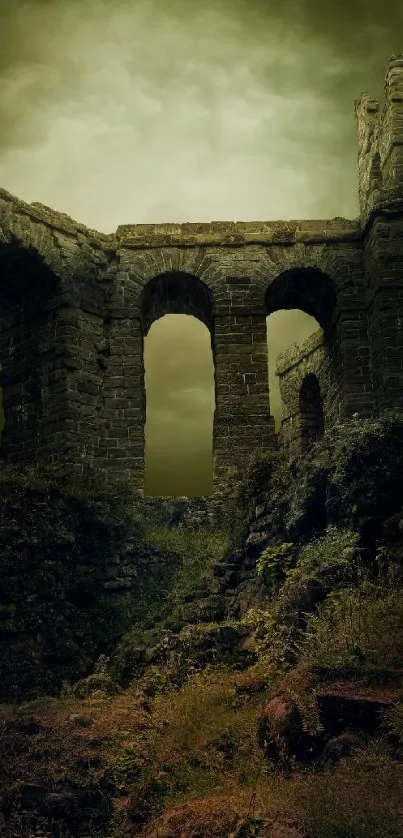 Ancient ruins with arches and a dramatic sky create a mysterious atmosphere.