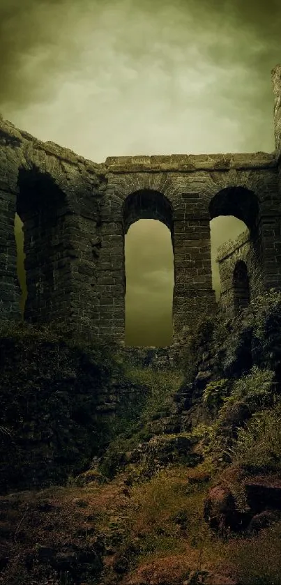 Ancient stone ruins under a greenish sky.