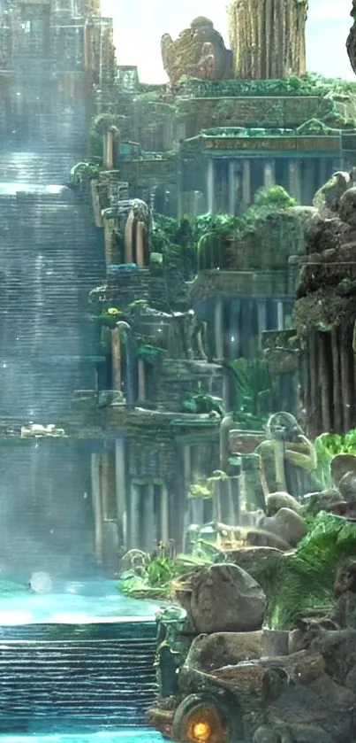 Ancient mystical temple with waterfall and greenery, fantasy wallpaper.