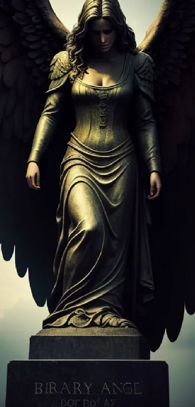 Mysterious angel statue with dark wings and flowing gown against a cloudy sky.