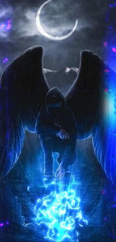 Mysterious hooded angel figure with wings and blue lightning under a crescent moon.