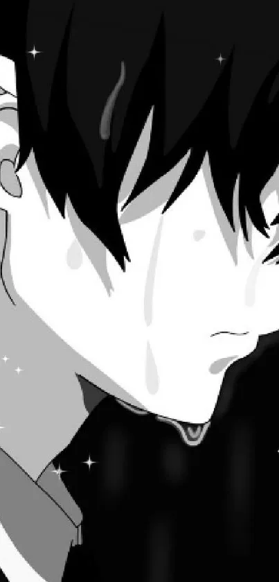 Black and white anime art featuring a mysterious character in deep thought.