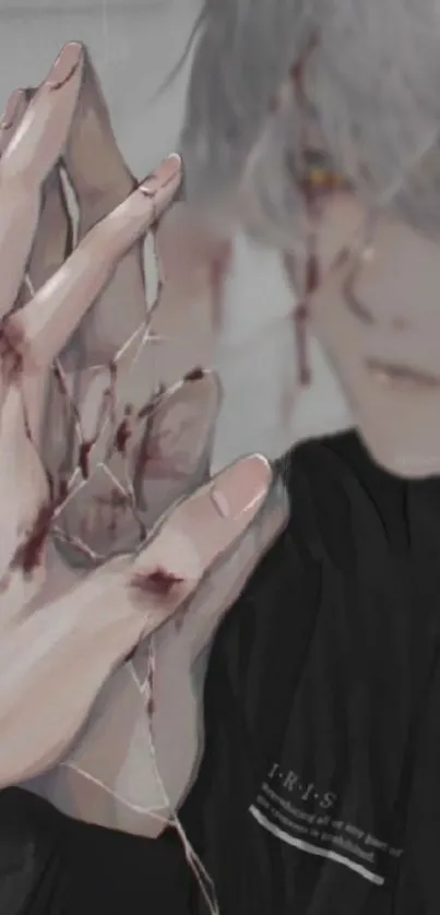 Anime hand through shattered glass with a mysterious theme.