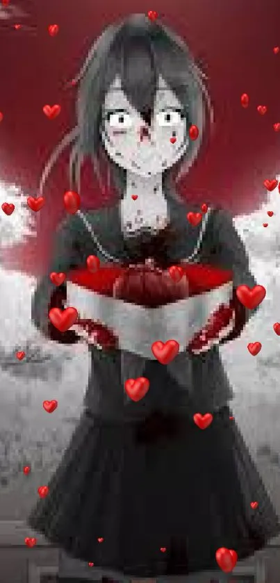 Haunting anime wallpaper with a mysterious character holding a red heart.