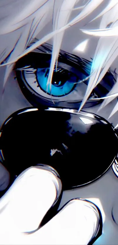 Anime character with captivating blue eyes and monochrome style.