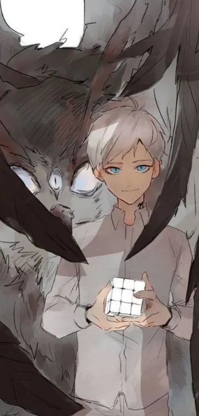 Anime artwork with character holding a white puzzle cube.