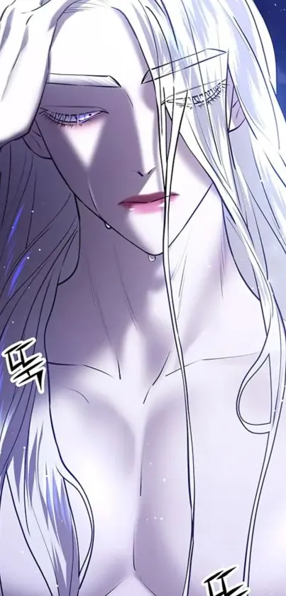 Anime character with long white hair in a mystical setting.