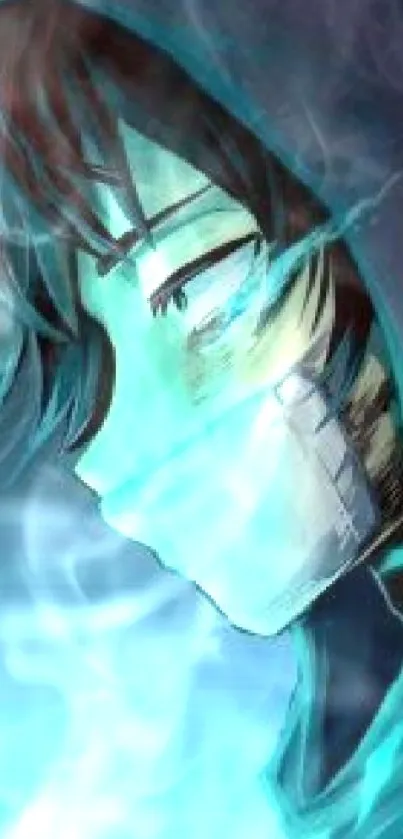 Anime character with mask and blue glow, mysterious vibe.