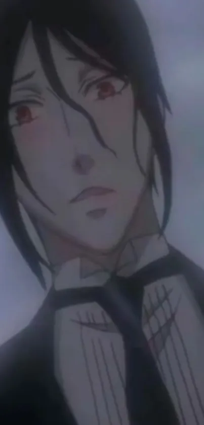 Anime character with dark hair and red eyes, mysterious expression.