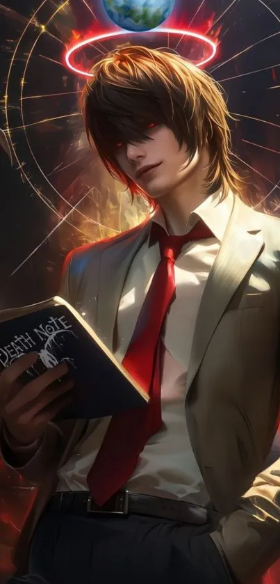 Mysterious anime character with red tie holding a book and glowing red aura.