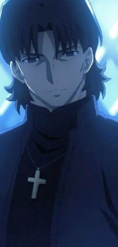 Anime character with cross necklace and glowing blue background.