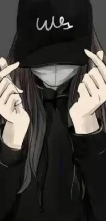 Mysterious anime character in black attire with a cap.