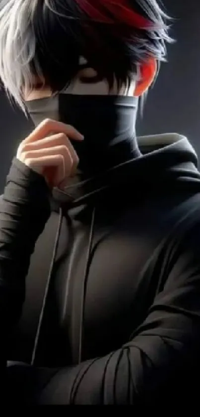 Mysterious anime character in dark attire with distinctive hair and mask.