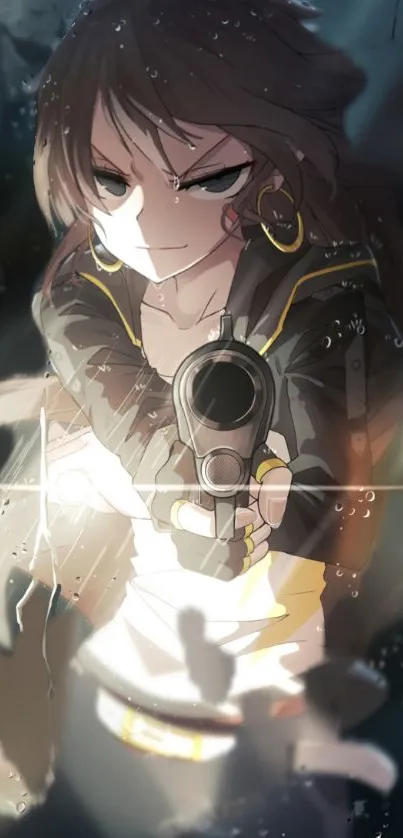 Anime character with revolver in a dark, mysterious setting.